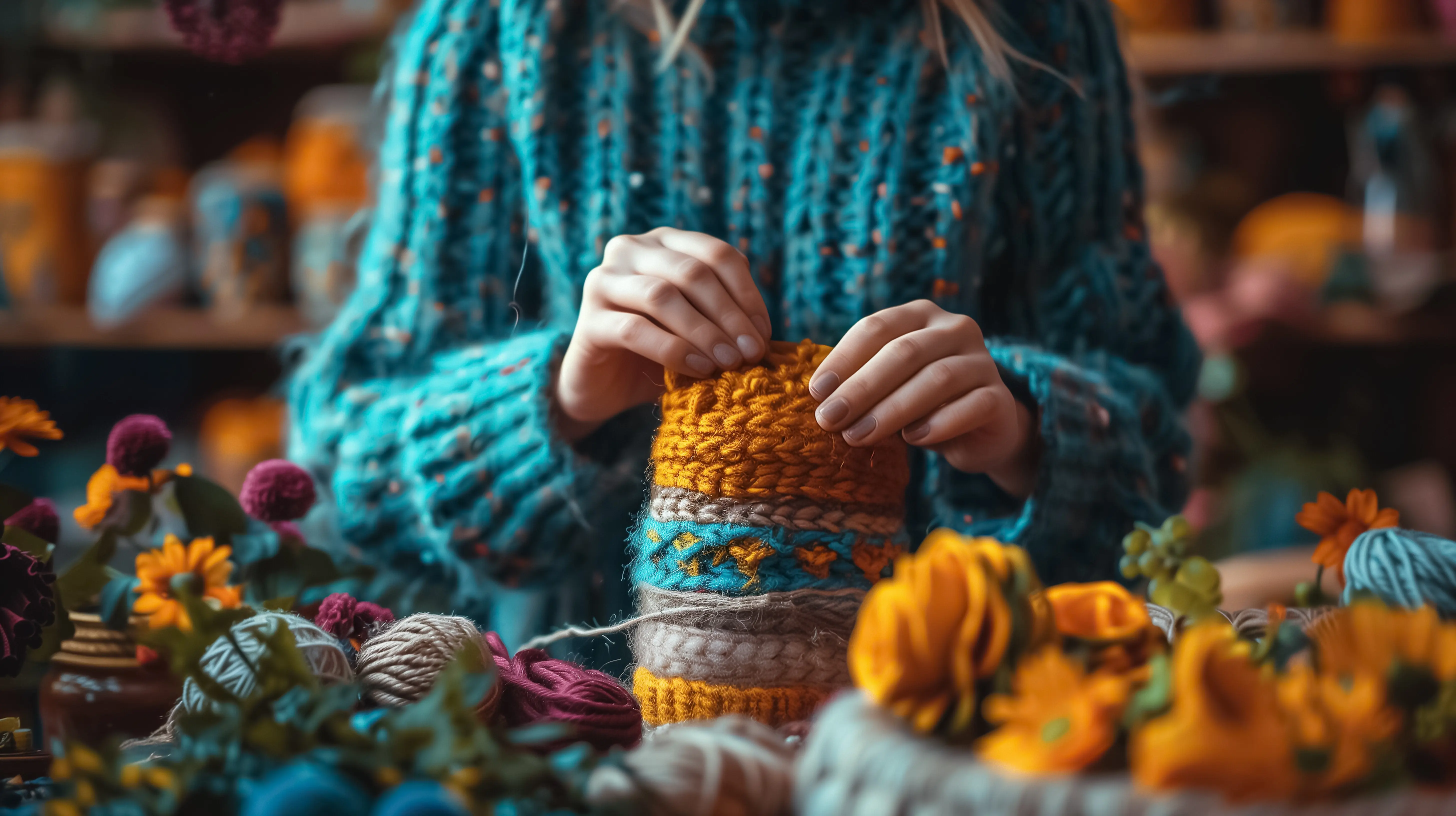 Eine Frau strickt einen Pullover mit einem gelb-blauen Muster.
