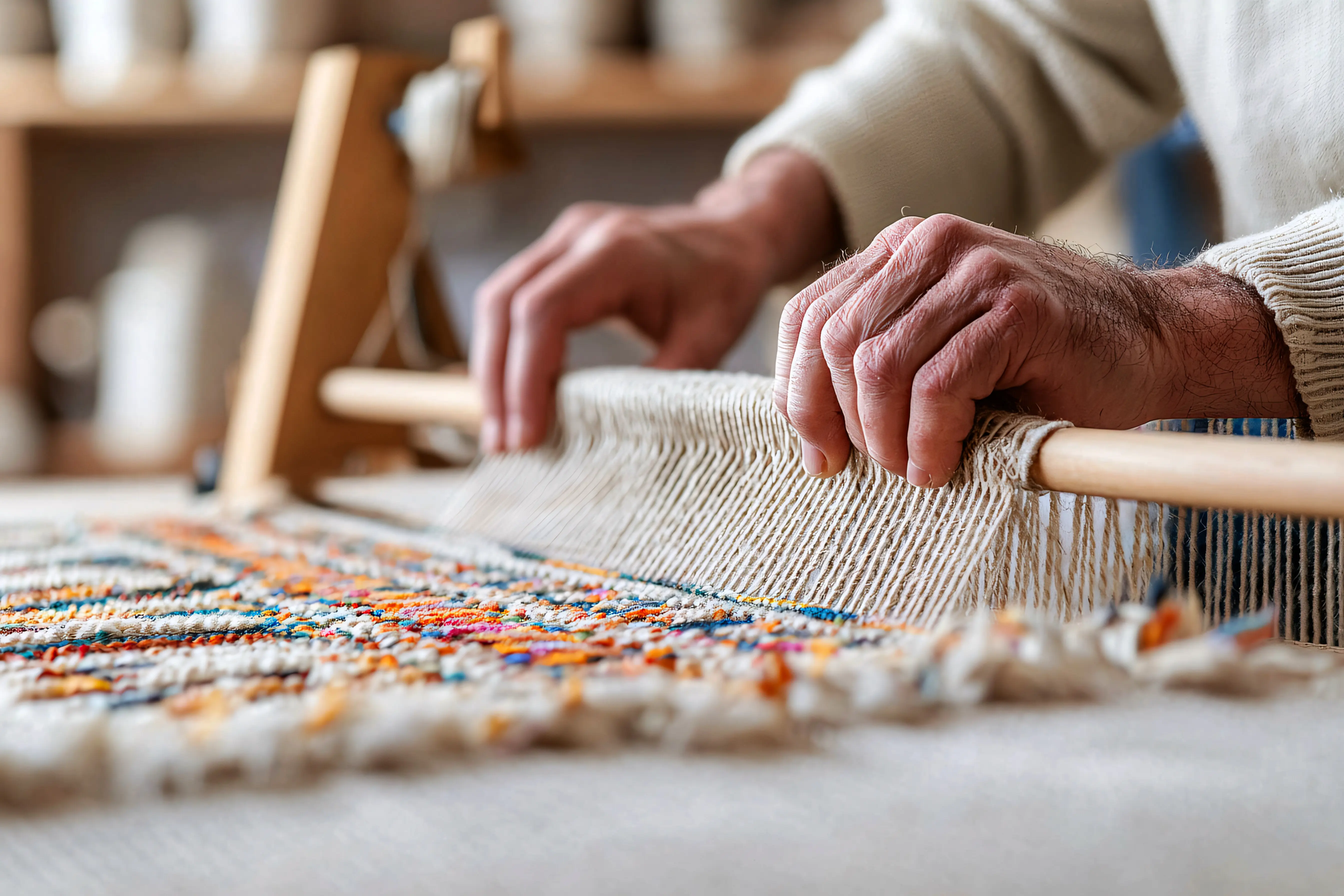 Ein Kunsthandwerker webt geschickt einen farbenprächtigen Teppich an einem traditionellen Webstuhl und demonstriert dabei Handwerkskunst.